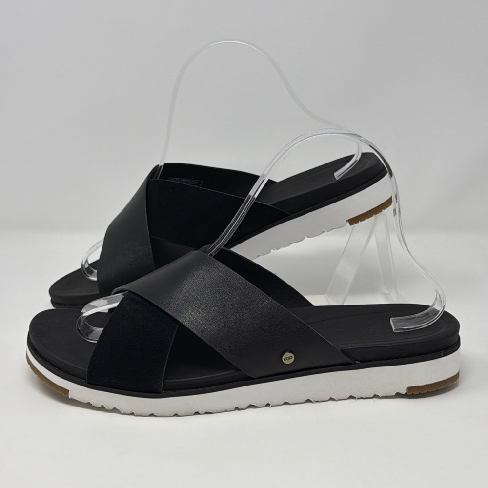 UGG Black Cross-Band Slide Sandals with White Sole